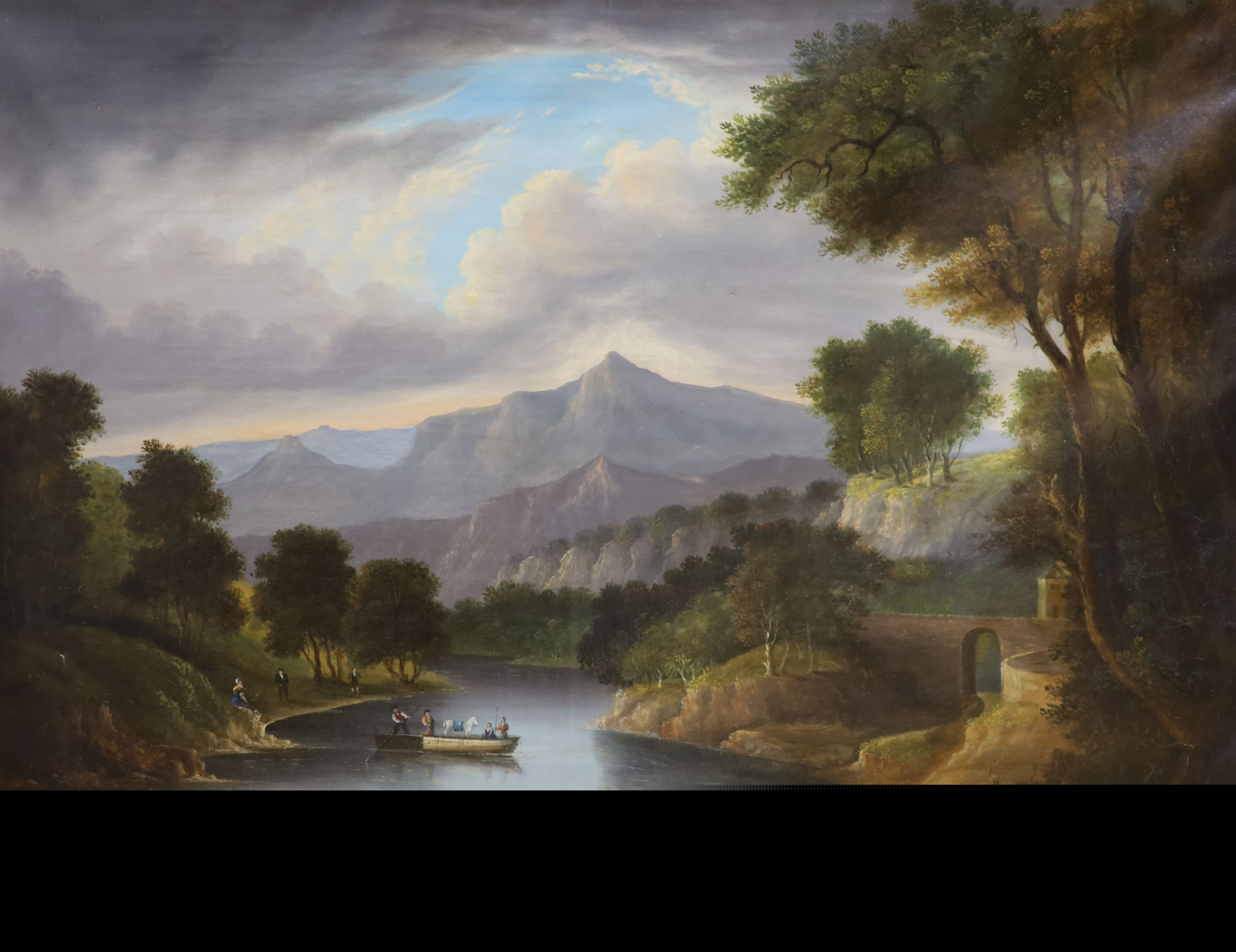 19th century Swiss school, oil on canvas, ferry across a lake, 71 x 91 cm.